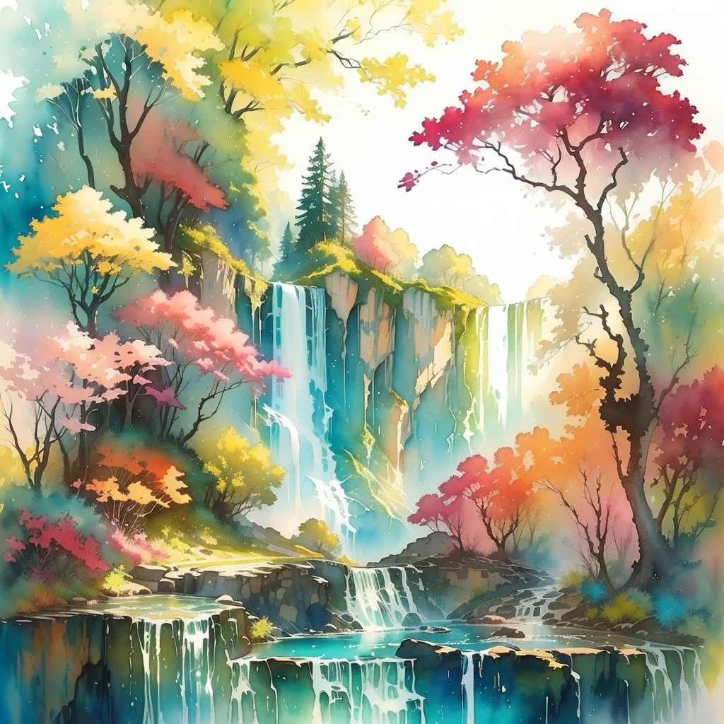 a painting of a waterfall with a waterfall in the background, fantasy watercolor, fantasy water color, watercolor detailed art, watercolor landscape, colorful watercolor painting, watercolor colored painting, with trees and waterfalls, waterpaint art, watercolor painting style, scenery artwork, watercolor masterpiece, beautiful art uhd 4 k, magical landscape, colorful watercolor, watercolor illustration, watercolor illustration style