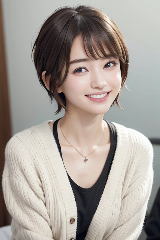 205 ((short hair)), 20-year-old female, In underwear、Put a cardigan over your shoulders、 A refreshing smile、Beautiful teeth alignment、Dark eyeliner、Dark brown hair、ear piercing、Necklace around the neck、Looking at the cameraカーディガンを袖を通さずに着る
