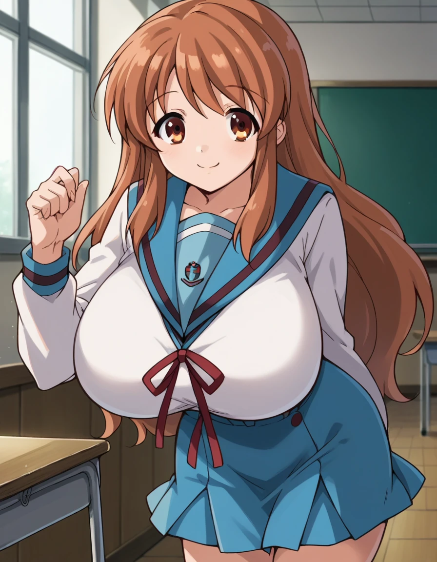 score_9, score_8_up, score_7_up, source_anime,mikuruasahina, mikuru asahina, long hair, brown hair, brown eyes,(gigantic breasts:1),skirt, long sleeves, , serafuku, sailor collar, blue skirt, blue sailor collar, winter uniform, kita high ,indoors, classroom, bent over, smile,looking at viewer, dutch angle, cowboy shot, solo,