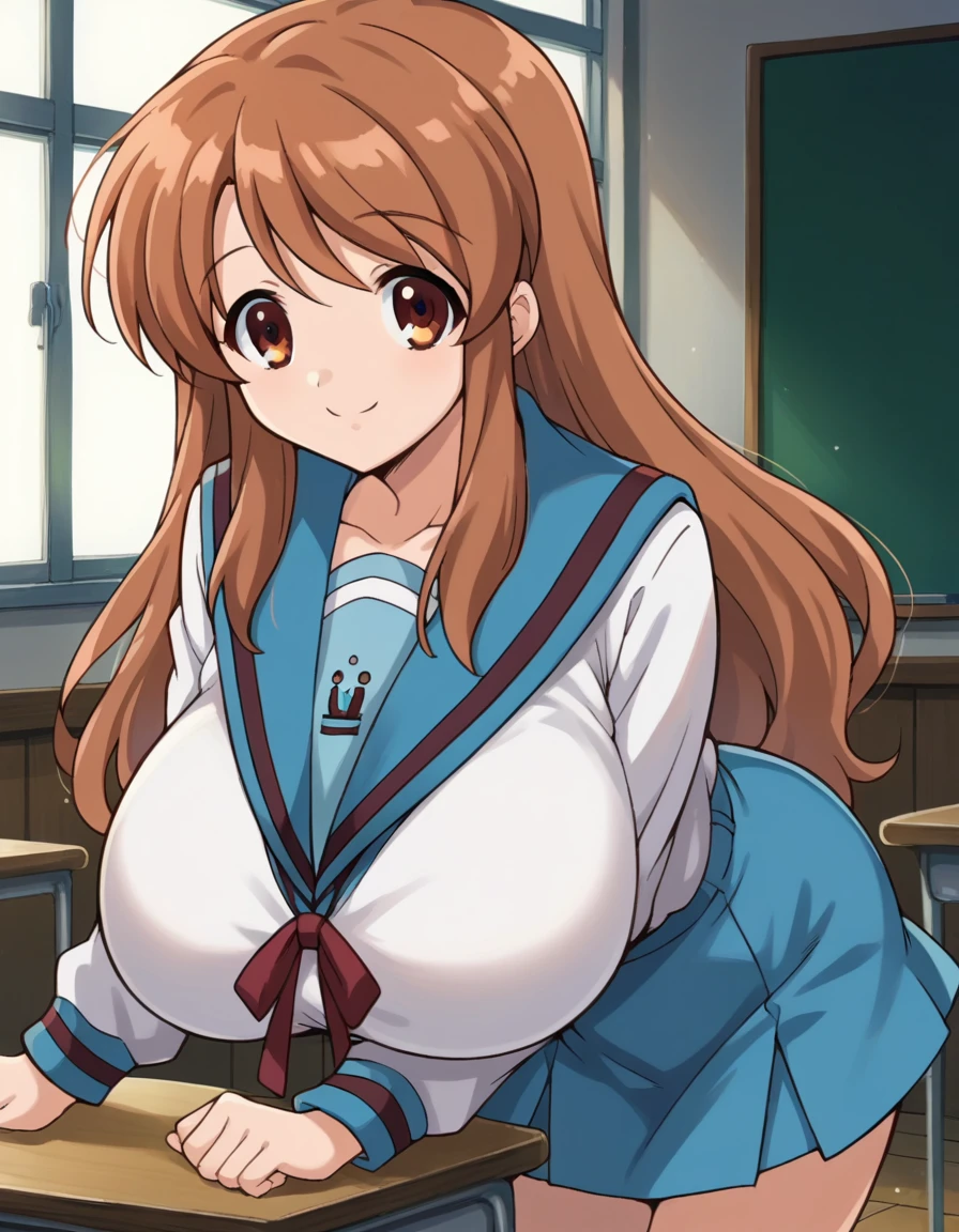 score_9, score_8_up, score_7_up, source_anime,mikuruasahina,  mikuru asahina, long hair, brown hair, brown eyes,(gigantic breasts:1),skirt, long sleeves, , serafuku, sailor collar, blue skirt, blue sailor collar, winter uniform, kita high ,indoors, classroom, bent over, smile,looking at viewer, dutch angle, cowboy shot, solo,