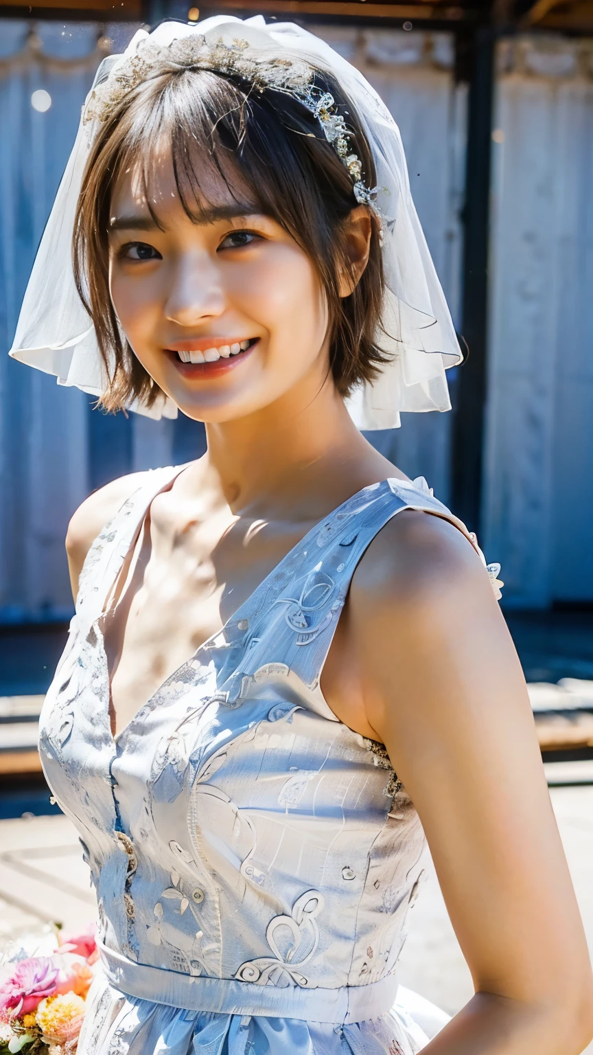 (8K、RAW Photos、Highest quality、masterpiece:1.2)、(Realistic、Realistic)、1 Girl、((bride、Short Hair、View from the front、smile、Look at the camera and smile、stand))、cute