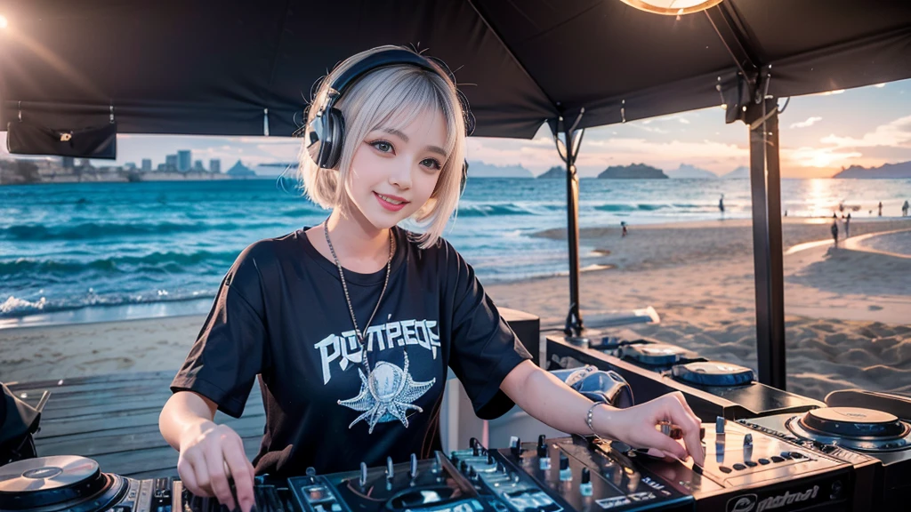 (ultra - detailed, 16K resolution, Cinema lenses, rendering by octane), (high resolution:1.18), intricate detail, (masterpiece:1.1), (highest quality:1.1), (1girl, portrait, white hair, blue eyes, short hair, detailed eyes),Wearing silver DJ headphones, Shiny silver sequined T-shirt, (in the beach:1.5), (Iconic hip-hop pop costumes:1.3), Smile while DJing on stage, DJ studio next to the beach, ((A stylish DJ stage on a hill overlooking the beach)), full body shot, Photorealistic photography by Sunshine, (cute round face:1.3), perfect fingers, five fingers, beautiful hands, perfect hands. master peace, cute smile.