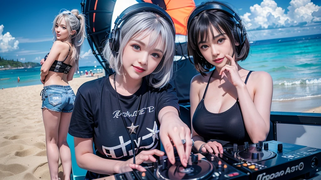 (ultra - detailed, 16K resolution, Cinema lenses, rendering by octane), (high resolution:1.18), intricate detail, (masterpiece:1.1), (highest quality:1.1), (1girl, portrait, white hair, blue eyes, short hair, detailed eyes),Wearing silver DJ headphones, Shiny silver sequined T-shirt, (in the beach:1.5), (Iconic hip-hop pop costumes:1.3), Smile while DJing on stage, DJ studio next to the beach, ((A stylish DJ stage on a hill overlooking the beach)), full body shot, Photorealistic photography by Sunshine, (cute round face:1.3), perfect fingers, five fingers, beautiful hands, perfect hands. master peace, cute smile.