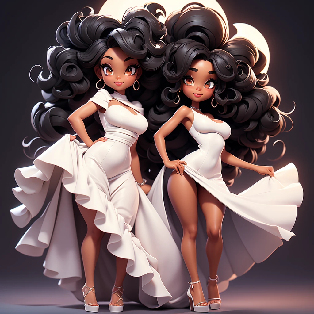 A sexy cartonn black woman in white dress posing gracefully for a photo, beauty in loose dress, curly hair, Waist slender, Sexy black girl, mulher de corpo inteiro, wearing loose dress, beautiful seductive black woman, slender figure, cartoon vector style, corpo pin-up, Broad Hips