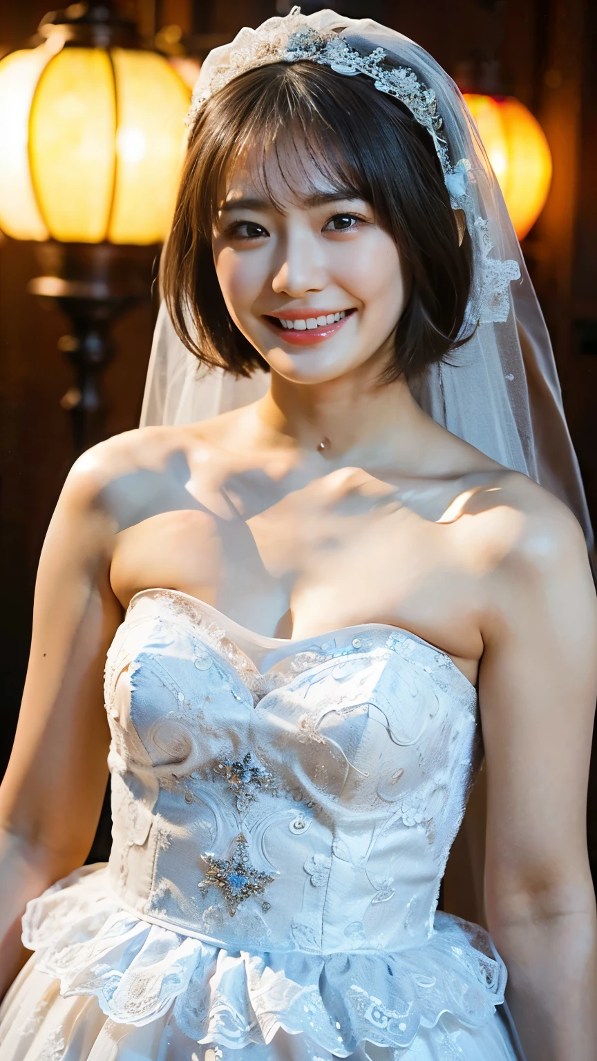 (8K、RAW Photos、Highest quality、masterpiece:1.2)、(Realistic、Realistic)、1 Girl、((bride、Short Hair、View from the front、smile、Look at the camera and smile、stand))、cute