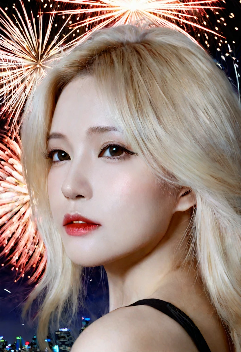 A mesmerizing double exposure masterpiece from the incredibly talented artist Jinxit, featuring a captivating and enchanting woman with long blonde hair. The silhouette creates a beautifully fantastical atmosphere with echoes of fireworks in the night sky, fiery fireworks from her hair in Sydney Harbor. The 8K resolution emphasizes Jinsit's exceptional talent and versatility in seamlessly blending different art forms such as portrait photography, painting, fashion, graffiti and typography. Stylish Magazine Poster UHD
