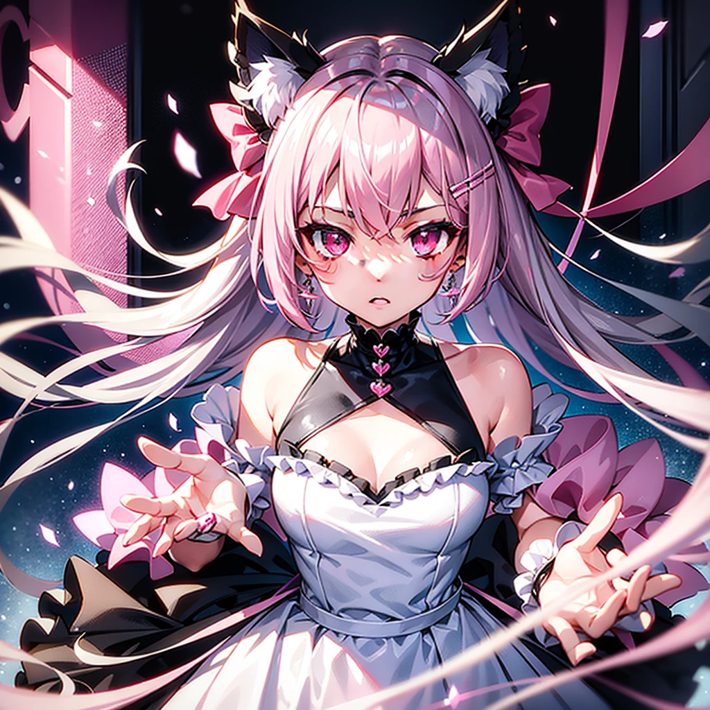 Silver pink mix hair, pink eyes, body, cat ears,girl, earrings,hair bows,hair charms,dresses, long hair