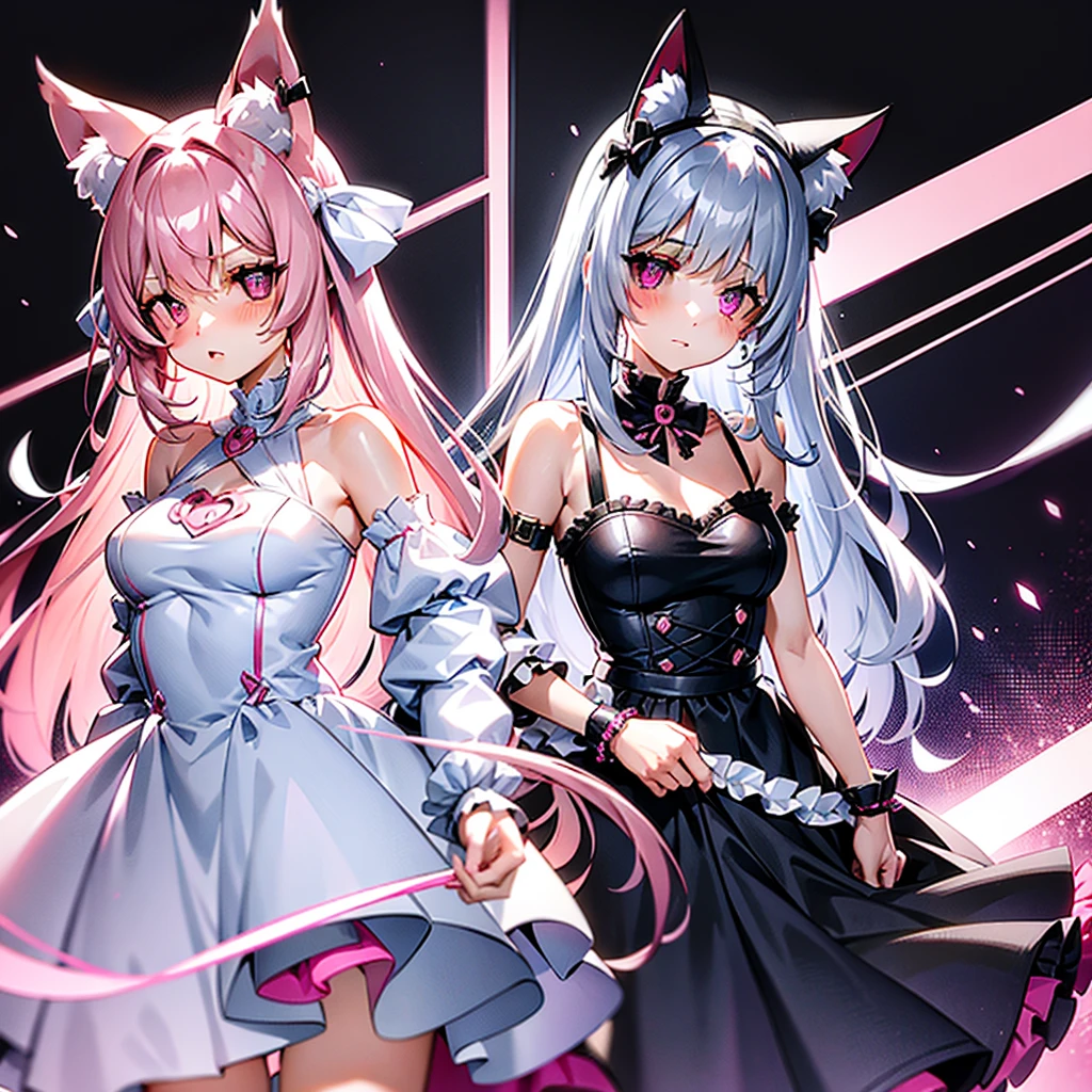 Silver pink mix hair, pink eyes, body, cat ears,girl, earrings,hair bows,hair charms,dresses, long hair