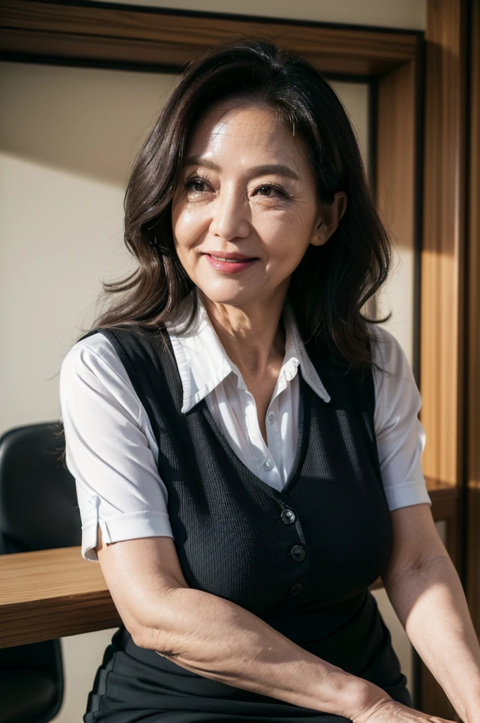 (masterpiece:1.4),(Female, 67 years old:1.5),(Facial wrinkles : 1.2), (facing away : 1.3), cheerful smile, long curly hair, maternal, Mature Woman, upper body shoot, sitting, office worker, (smooth fabric), (polyester black vest with button), black pencil skirt, white short sleeve shirt, (plump arms : 1.3), (focus on arms), working at office, detailed backgrounds