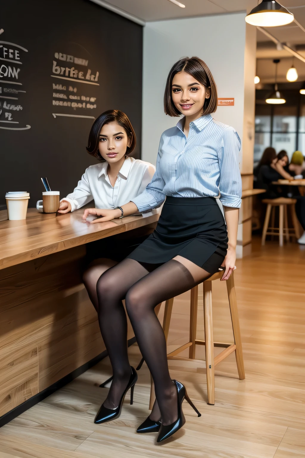 high quality,16K:1.1),(, Two women sitting on chairs in a coffee shop)face each other across a desk,Chatting (Full Body Shot:1.2),(),bionde、Short Haircut、ear piercing、smile、Beautiful teeth alignment、((Office Lady Suits、Knee-length skirt、tights、pumps)), ,(View your viewers:1.3),Background is coffee shop Task in progress 70%
