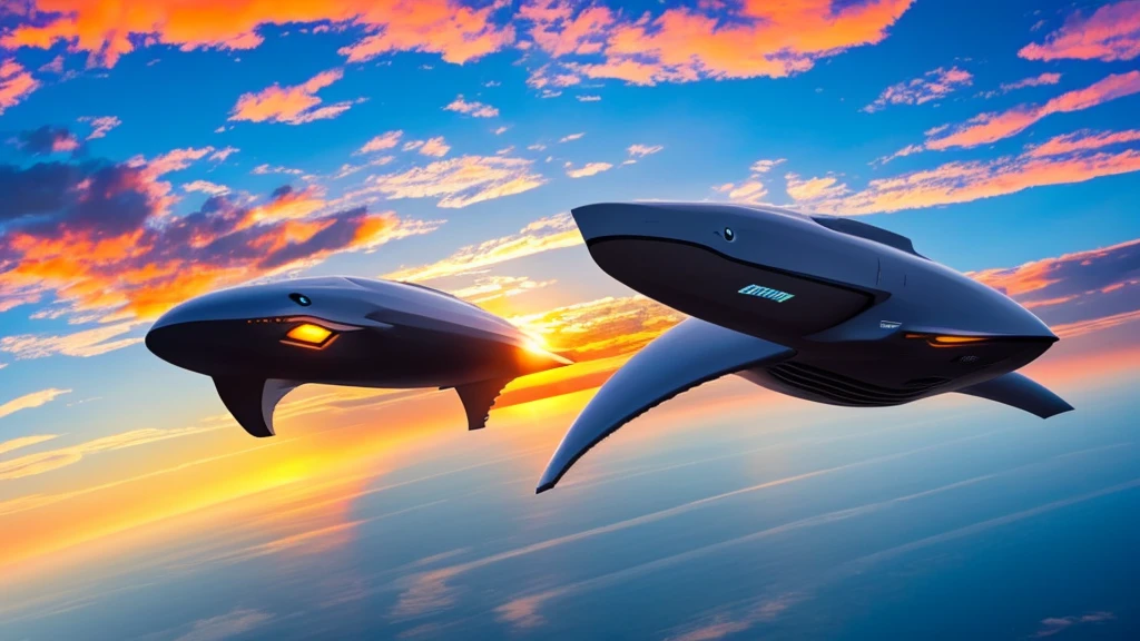 Super high quality, highest quality, giant whale robot flying in the sunset sky.