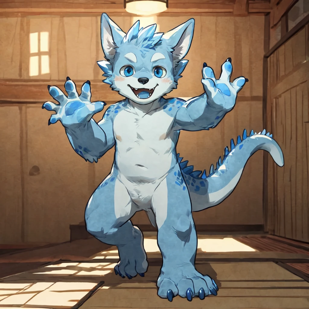 by milkytiger1145, donkeyramen, wfa, dark-blue reptilian humanoid boy with a lighter blue underbelly and glowing, blue crystal spines running along backs and tail, very blue colored eyes with light blue irises, a bright light blue tongue and dark blue claws on lighter blue hands and feet, Reptile, Kemotoon, Jimseung, Toddler, Tatami Room Background, Waving, Looking At Viewer