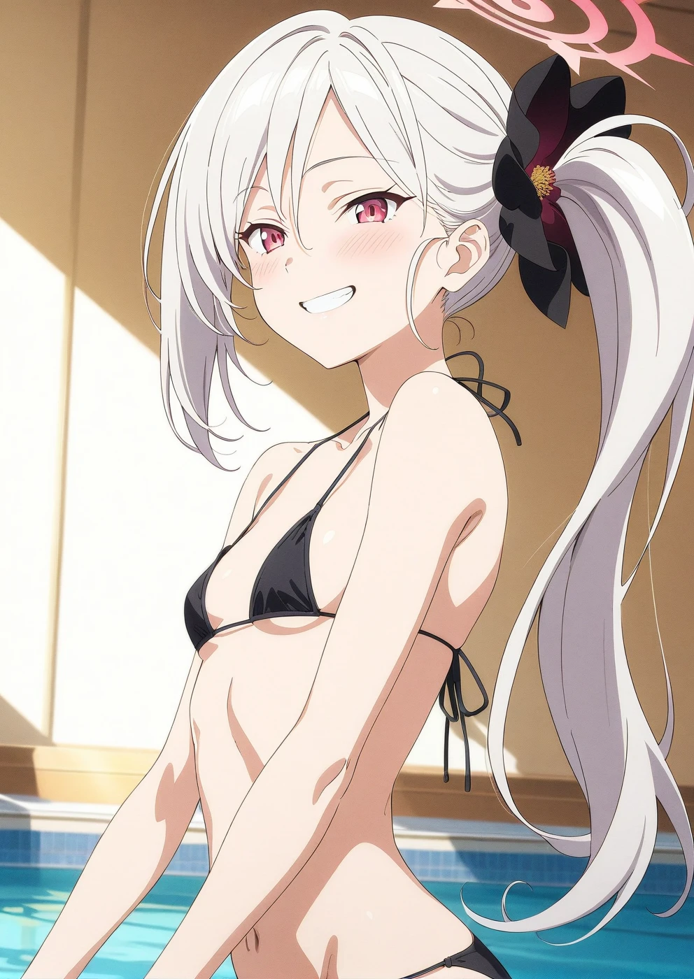 best quality, amazing quality, very aesthetic, absurdres, (1girl, mutsuki, blue archive, solo, red eyes, white hair, side ponytail), (realistic face:0.9),(string bikini:1.8), lift bikini, (grin, blush, thigh:1.3), (cowboy shot), (glowing eyes), (half closed eyes:0.9), (from side), (official art:1.3), (pool), expressive eyes, perfect face, 4k, extremely detailed anime illustration, extremely detailed eyes, perfect anatomy, light rays, extremely delicate body, smooth skin, (school background:1.5), small breasts,(anime style:1.7), (Warm Light:1.5), (highres:2), 