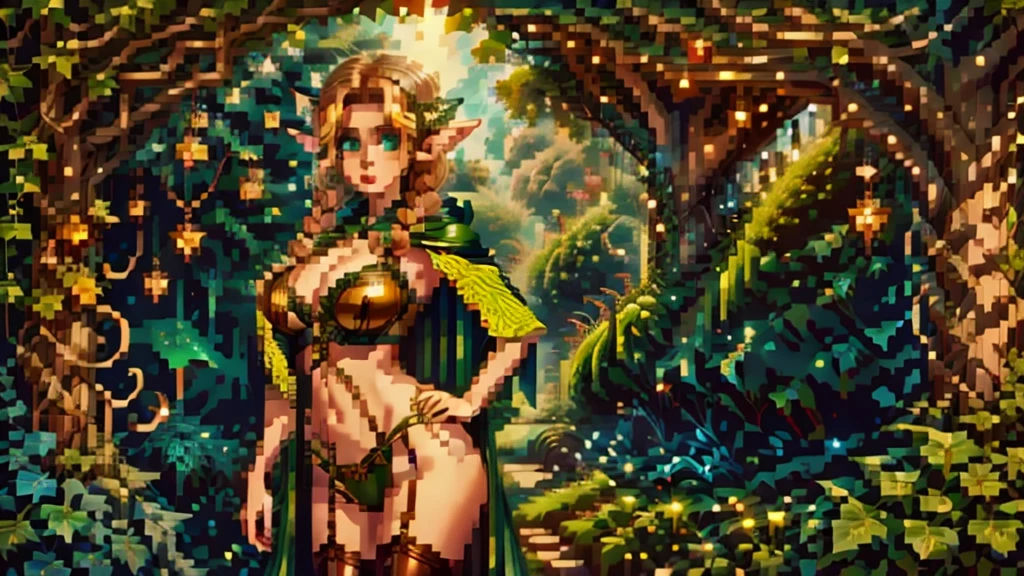 (masterpiece, best quality:1.2), 1girl, 8k, Full body view, standing, (detailed elf ear, Wood elf, 1 woman, elven featured face, seductive expression, massive bulging breast, beautiful green eyes, detailed eyes, braided blonde hair, thick hips, narrow shoulders, hourglass, thick blonde bush, camel toe, slingshot swimsuit), (leather green hooded cape, thin braided leather straps, gartered bustier and panty, elven designed outfit, gold laced ivy leaf pattern), (medieval setting, woodelf tree fort, ivy vines, oak forest, great oak background),