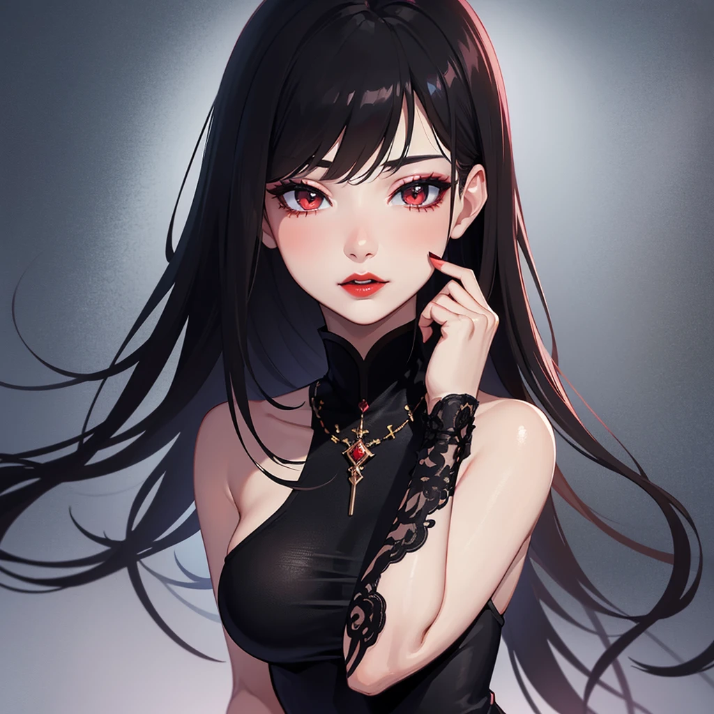The highest image quality, pending details, ultra-high resolution, (真实感: 1.4), the best illustration, favor details, Highly condensed 1girl, with a delicate and beautiful face, Asian characteristics, long straight hair, Bblack hair, skin fair, eyes browns, lips, blush, breasts big, necklase, black gown, make-up, black eyeshadow, red lipgloss stick, A vampire (best quality, ultra details, photorrealistic: 1.39), dark colours, studio lighting, romantic expression, seducer, dark scenery
