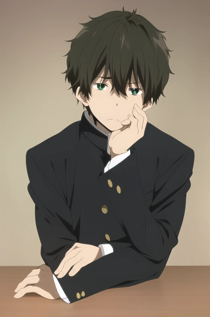 oreki houtarou, 1boy, male focus, solo, brown hair, green eyes, black shirt, gakuran, looking at viewer, hand on own cheek, upper body, frown, closed mouth, sitting, elbows on table,