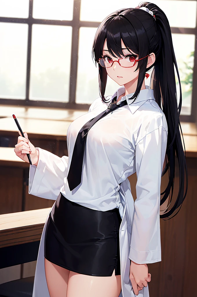 (masterpiece; best quality: 1.2), (finely detailed eyes: 1.3), ((25 year old woman)), ((solo)), (red eyes: 1.4), (body; gorgeous, soft, femenine: 1.3), (silky black hair + low ponytail: 1.3), (beautiful and clear background: 1.2), ((depth of field)), (equipment: white open lab coat + black shirt + white necktie + black pencil skirt + black tights + black square glasses: 1.3), (anime illustration: 1.2), (background composition; japanese highschool classroom + furniture: 1.1), (extremely fine and beautiful: 1.1), (shot composition; standing + centered on torso + close-up: 1.5), (expression; calm, stoic: 1.2)