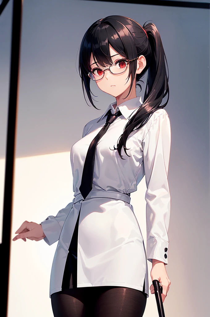 (masterpiece; best quality: 1.2), (finely detailed eyes: 1.3), ((25 year old woman)), ((solo)), (red eyes: 1.4), (body; gorgeous, soft, femenine: 1.3), (silky black hair + low ponytail: 1.3), (beautiful and clear background: 1.2), ((depth of field)), (equipment: white open lab coat + black shirt + white necktie + black pencil skirt + black tights + black square glasses: 1.3), (anime illustration: 1.2), (background composition; japanese highschool classroom + furniture: 1.1), (extremely fine and beautiful: 1.1), (shot composition; standing + centered on torso + close-up: 1.5), (expression; calm, stoic: 1.2)
