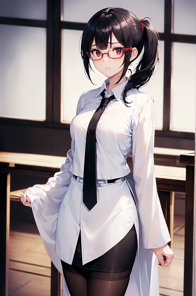 (masterpiece; best quality: 1.2), (finely detailed eyes: 1.3), ((25 year old woman)), ((solo)), (red eyes: 1.4), (body; gorgeous, soft, femenine: 1.3), (silky black hair + low ponytail: 1.3), (beautiful and clear background: 1.2), ((depth of field)), (equipment: white open lab coat + black shirt + white necktie + black pencil skirt + black tights + black square glasses: 1.3), (anime illustration: 1.2), (background composition; japanese highschool classroom + furniture: 1.1), (extremely fine and beautiful: 1.1), (shot composition; standing + centered on torso + close-up: 1.5), (expression; calm, stoic: 1.2)