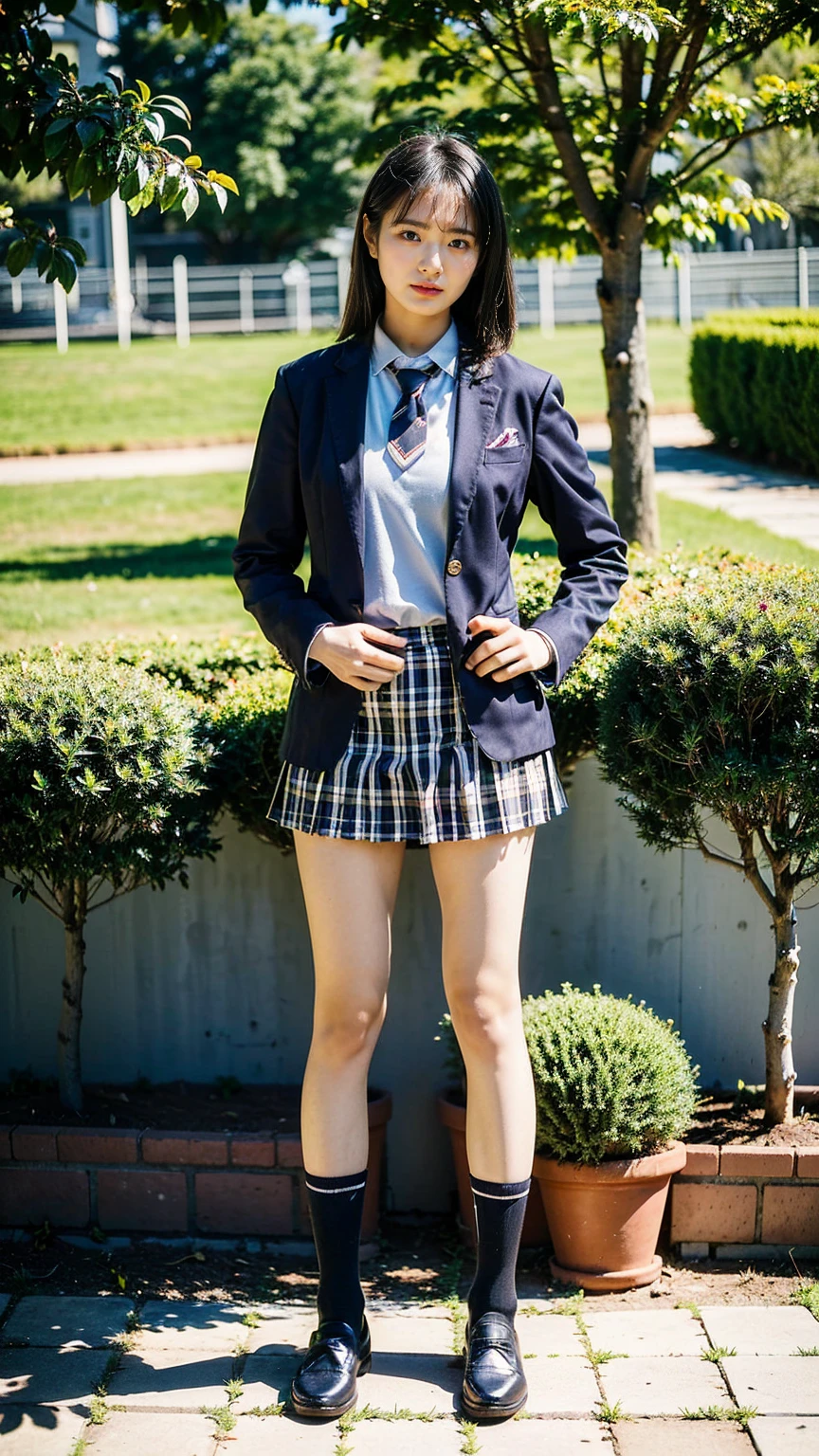 (8K、RAW Photos、Highest quality、masterpiece:1.2)、(Realistic、Realistic)、1 Girl、((Black Check Mini Skirt、High School Uniform、blazer、Navy Socks、loafers、Medium Hair、garden、View from the front、Looking into the camera、Stand with hands on hips))、cute