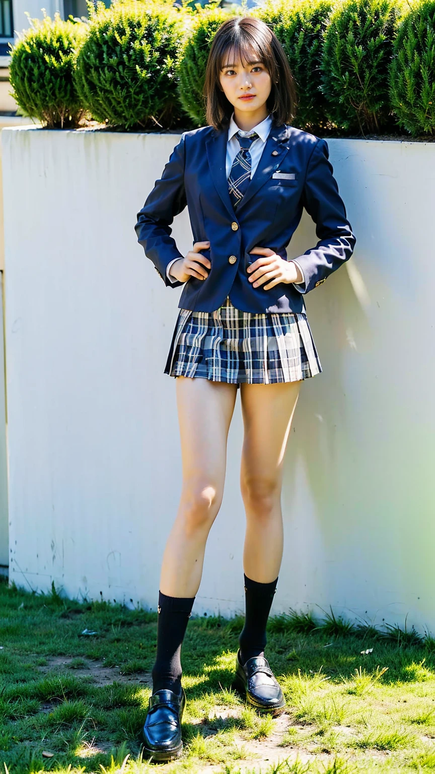 (8K、RAW Photos、Highest quality、masterpiece:1.2)、(Realistic、Realistic)、1 Girl、((Black Check Mini Skirt、High School Uniform、blazer、Navy Socks、loafers、Medium Hair、garden、View from the front、Looking into the camera、Stand with hands on hips))、cute