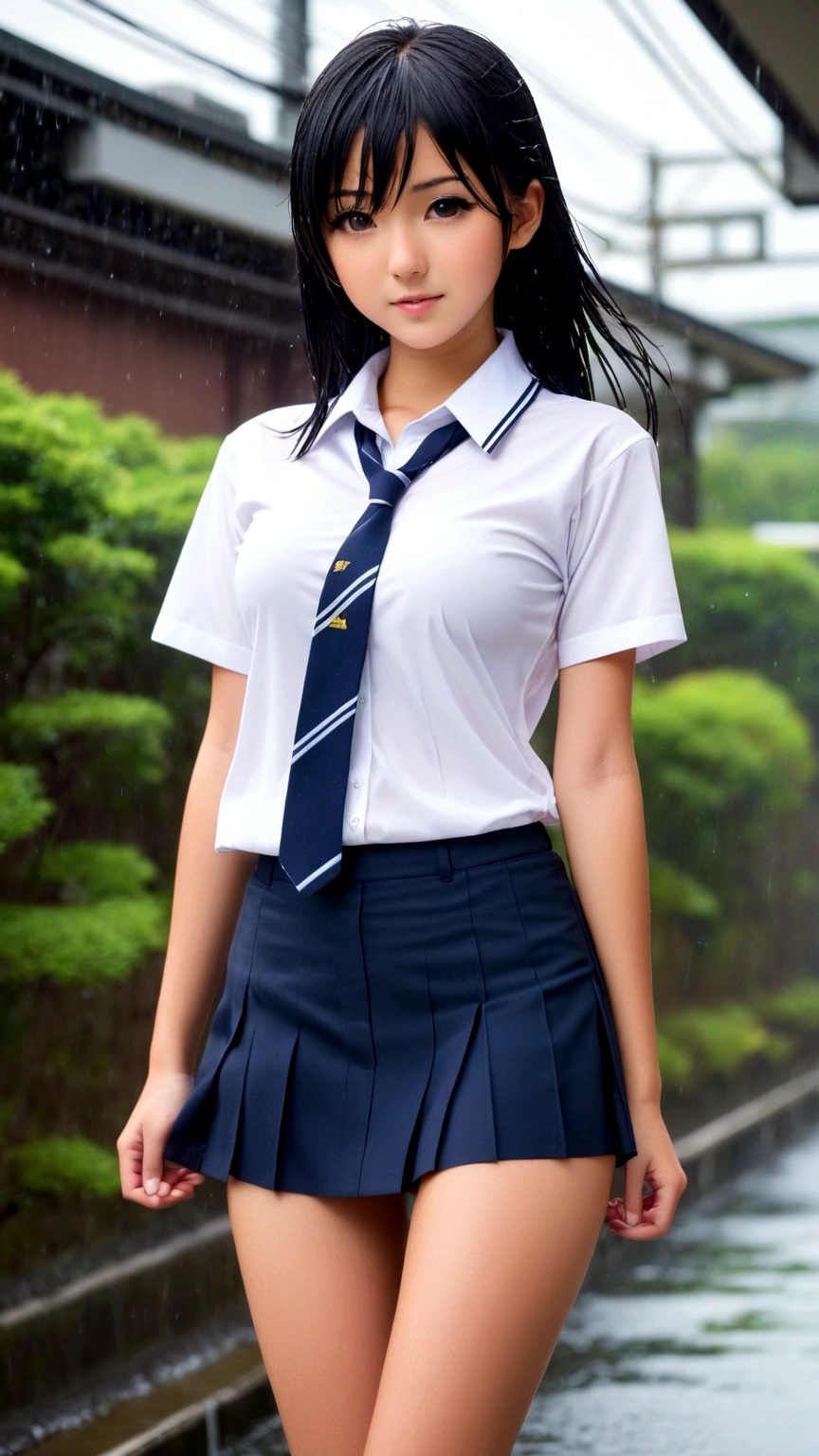 Nipples visible from white shirt, wet shirt, no panties, full body figure, black hair long straight, high school student, uniform, sexy, bra, Japan person, 17 years old,