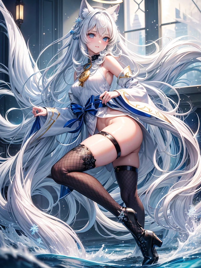 1 girl, long white hair, slim build, wavy hair with knee length curls, back view, backside view, slight smile, blush, small face, sectoral heterochromia (one blue eye and one white eye).., extremely detailed face, Beautiful detailed eyes, beautiful detailed lips. short height 180cm, adorable, extremely detailed legs, (Best Quality, 4k, 8k, high resolution, Masterpiece: 1.2), ultra detailed, Exquisite and epic character art.., Amazing modern character trending theme.., Black high stockings with elegant fishnet design.., brown snow boots, white winter sweater., dhiny blue snowflake hair pin, gold necklace with blue heart emblem on the neck. Fox ears.., kitsune tail that ends with ice.. Wide hips. Wears a white and blue halo with snowflake patterns. Bust size Double D