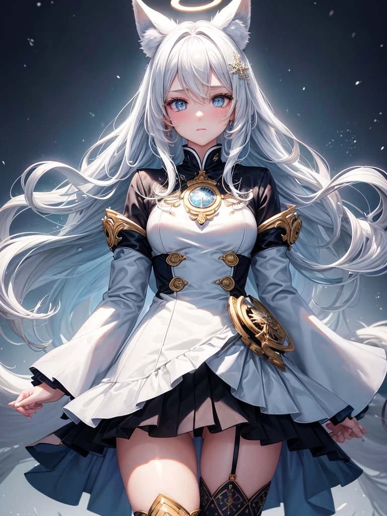 1 girl, long white hair, slim build, wavy hair with knee length curls, back view, backside view, slight smile, blush, small face, sectoral heterochromia (one blue eye and one white eye).., extremely detailed face, Beautiful detailed eyes, beautiful detailed lips. short height 180cm, adorable, extremely detailed legs, (Best Quality, 4k, 8k, high resolution, Masterpiece: 1.2), ultra detailed, Exquisite and epic character art.., Amazing modern character trending theme.., Black high stockings with elegant fishnet design.., brown snow boots, white winter sweater., dhiny blue snowflake hair pin, gold necklace with blue heart emblem on the neck. Fox ears.., kitsune tail that ends with ice.. Wide hips. Wears a white and blue halo with snowflake patterns. Bust size Double D
