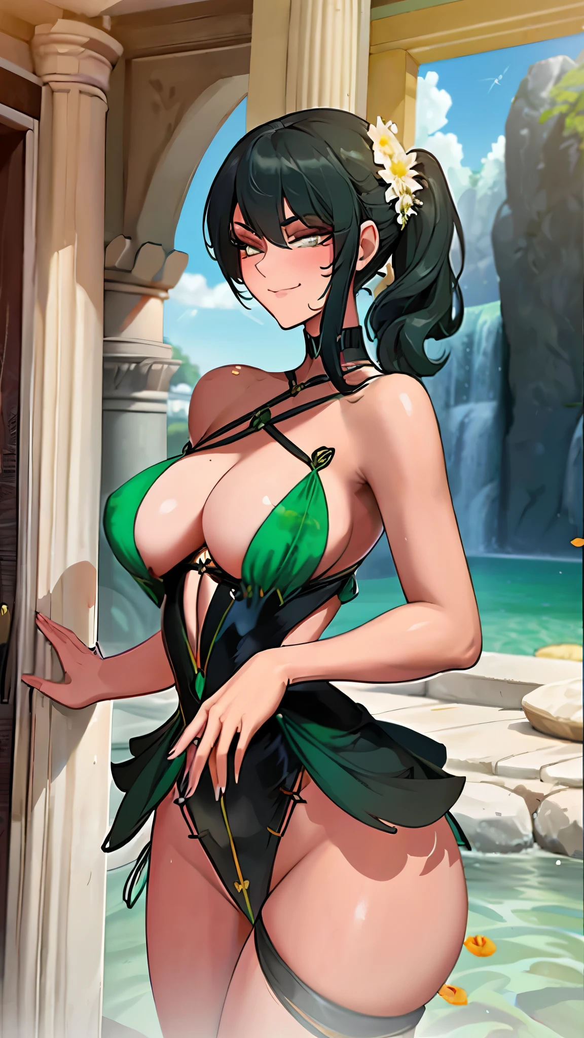 A beautiful and delicate portrait of a cute playful girl, Black Hair, Emerald Green Sea Swinsuits, mean smirk, petals dancing, (Top Quality, ​masterpiece, ultra-realistc) and petals floating in the background
