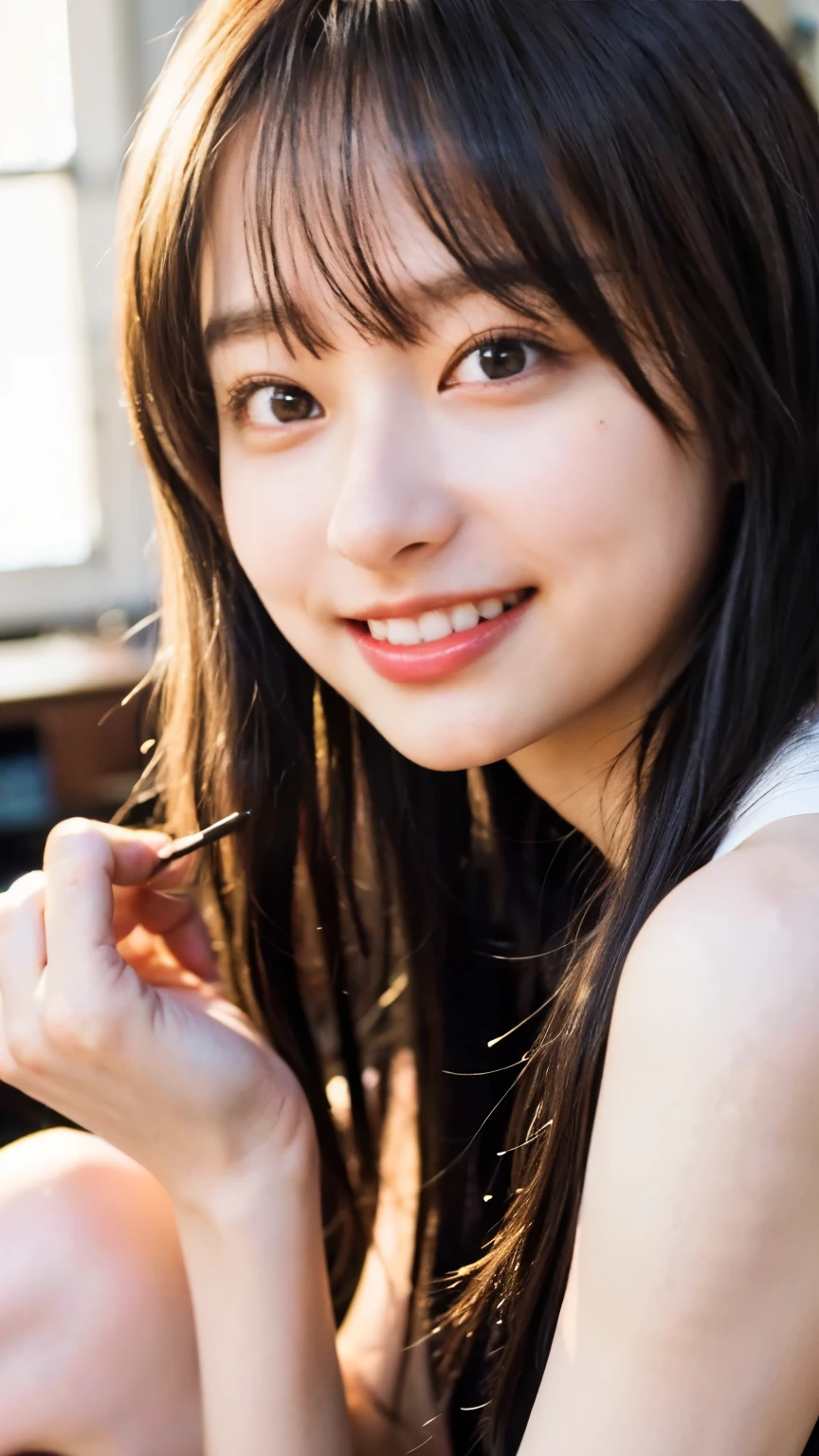 (8K、RAW Photos、Highest quality、masterpiece:1.2)、(Realistic、Realistic)、1 Girl、((naked、 makeup、Bedroom、morning、afterwards、smile、Look at the camera and smile))、cute