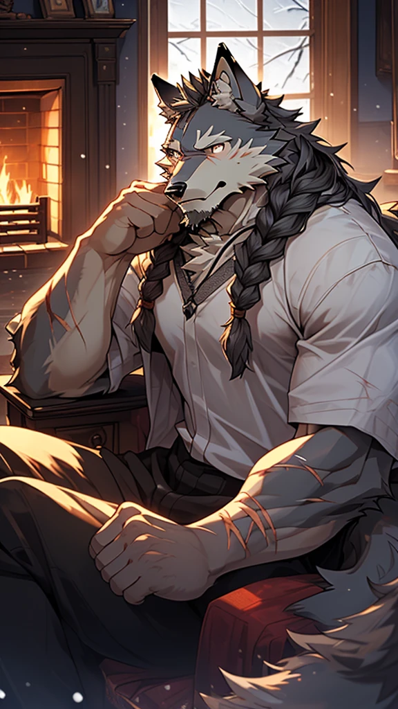 (masterpiece), (photorealistic:1.4), (1boy), (detailed face:1.2), (wolf male:1.5), (old:1.9), (aged), (retired general),(muscular build), (gray fur:1.3), (long white beard), (long white braided hair), (loose shirt), (sitting), (resting), (calm expression), (peaceful eyes), (many scars), (scar on face), (scar on body), (indoors), (cold northern region), (room), (fireplace), (fire), (window), (snow outside), (winter), (night), (dim lighting), (cinematic lighting)