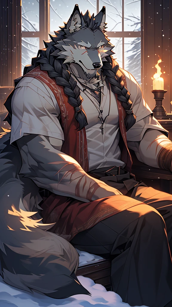 (masterpiece), (photorealistic:1.4), (1boy), (detailed face:1.2), (wolf male:1.5), (old:1.9), (aged), (retired general),(muscular build), (gray fur:1.3), (long white beard), (long white braided hair), (loose shirt), (sitting), (resting), (calm expression), (peaceful eyes), (many scars), (scar on face), (scar on body), (indoors), (cold northern region), (room), (fireplace), (fire), (window), (snow outside), (winter), (night), (dim lighting), (cinematic lighting)