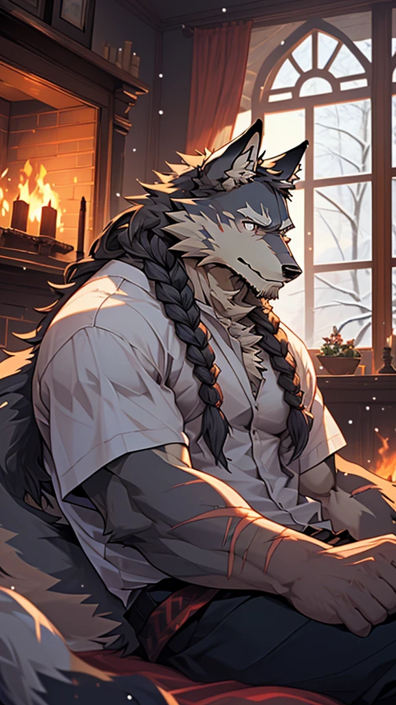 (masterpiece), (photorealistic:1.4), (1boy), (detailed face:1.2), (wolf male:1.5), (old:1.9), (aged), (retired general),(muscular build), (gray fur:1.3), (long white beard), (long white braided hair), (loose shirt), (sitting), (resting), (calm expression), (peaceful eyes), (many scars), (scar on face), (scar on body), (indoors), (cold northern region), (room), (fireplace), (fire), (window), (snow outside), (winter), (night), (dim lighting), (cinematic lighting)