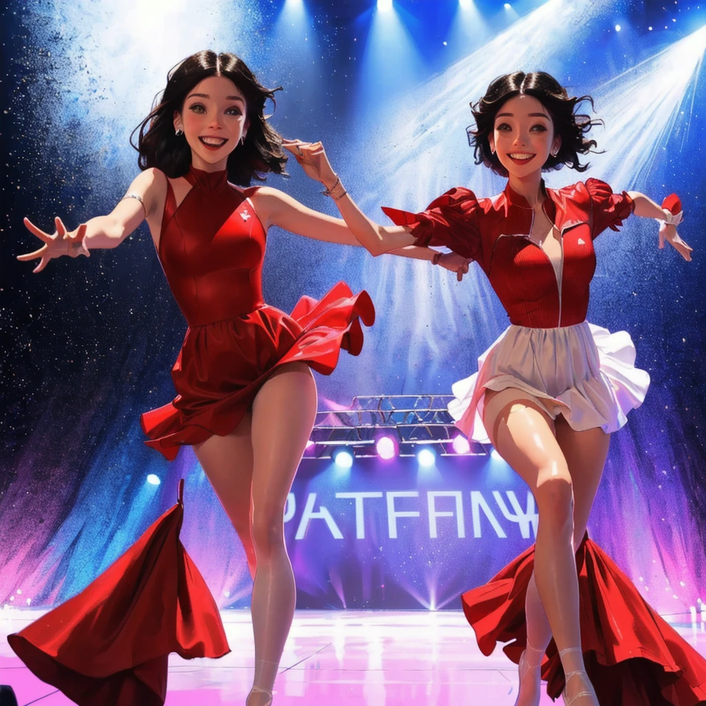 Una mujer araffada con un Red dress está parada en un escenario, running on stage, ( ( emma lindstrom ) ), ruffled suit, wearing a shiny dress, running, Hanna Montana, nico con un Red dress, wearing white leotard, Chica con Red dress bailando, the background is heavenly, black haired goddess, Red dress, happy smile