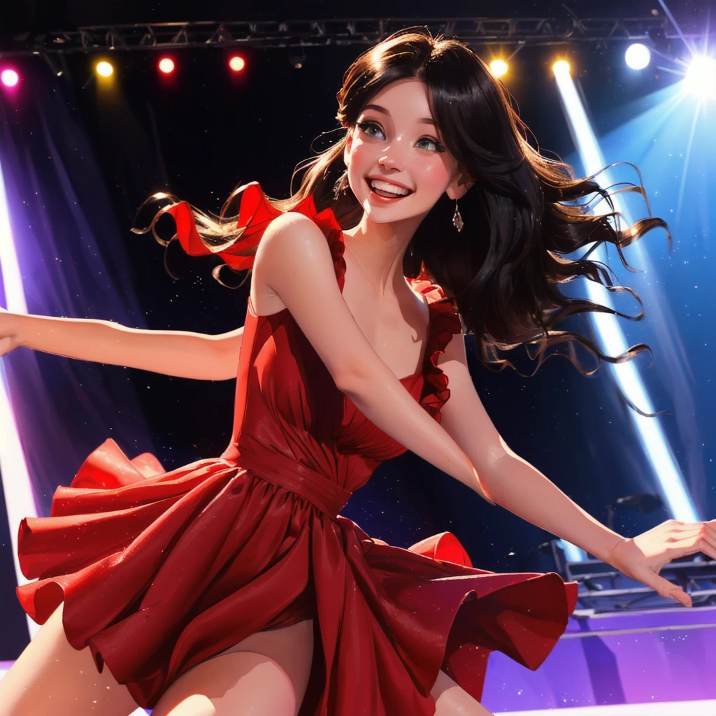 Una mujer araffada con un Red dress está parada en un escenario, running on stage, ( ( emma lindstrom ) ), ruffled suit, wearing a shiny dress, running, Hanna Montana, nico con un Red dress, wearing white leotard, Chica con Red dress bailando, the background is heavenly, black haired goddess, Red dress, happy smile