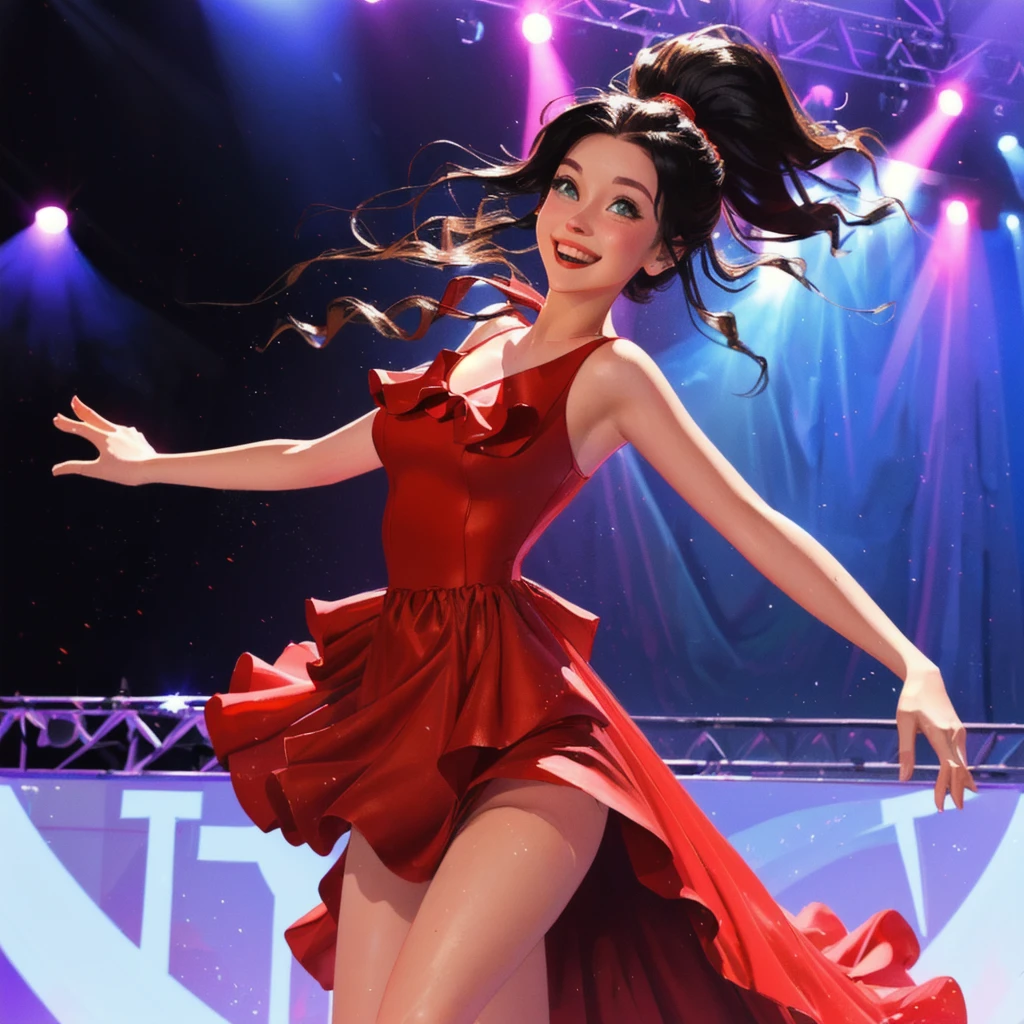 Una mujer araffada con un Red dress está parada en un escenario, running on stage, ( ( emma lindstrom ) ), ruffled suit, wearing a shiny dress, running, Hanna Montana, nico con un Red dress, wearing white leotard, Chica con Red dress bailando, the background is heavenly, black haired goddess, Red dress, happy smile