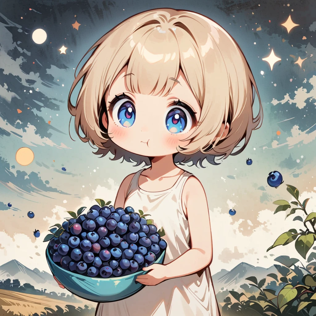 Blueberry field、There are lots of blueberries on the trees、Picking and eating blueberries、Cartoon style character design,1 Girl, Are standing、Short hair alone,Big eyes,Cute expression,Tank top、interesting,interesting,Clean Lines