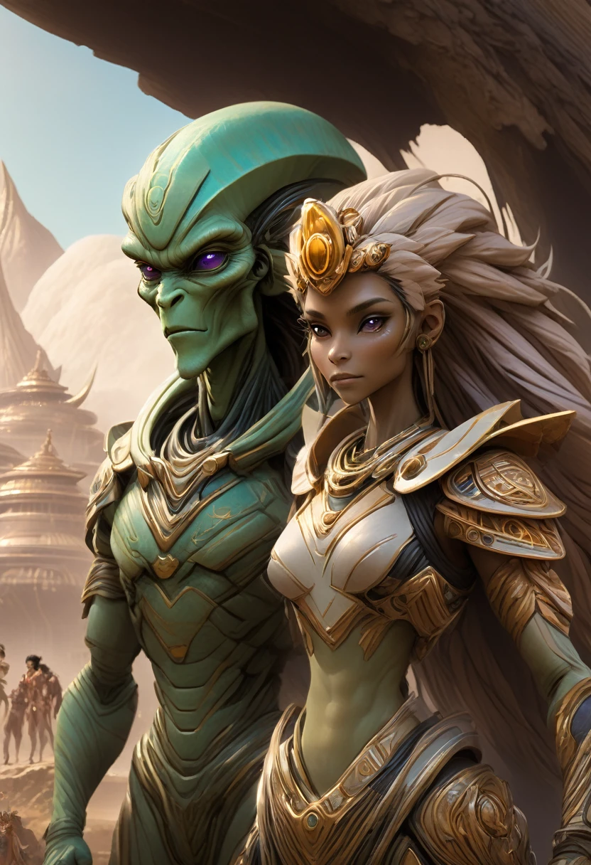 ( High quality , ultra detailed, careful with hand )a alienish alien like races species near humans humanoid hominid epic ancient female male race, on attractive couples on a alien epic civilization worlds as part of a alien multiworlds empire more anime semi realism look feel exotic