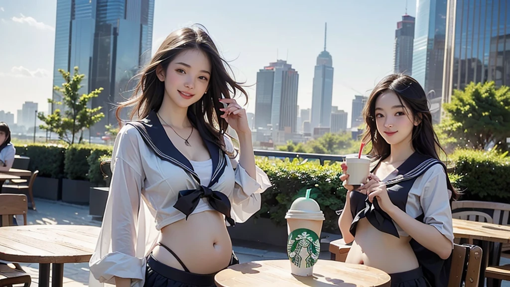 8K、RAW Photos、Highest quality、Super detailed、Super Resolution、Ultra HD、8K壁紙、Amazing details
(((Starbucks outdoor cafe、16 year old high school girl in sailor suit)))、((Eat cake、Drink coffee、smile))、Heart Necklace(Emphasize cleavage)
(Full body photo)
(((Skyscrapers are visible)))
(((((I can see my belly button)))))
