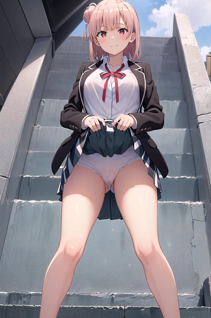 masterpiece, Highest quality, High resolution, ayui, short hair, Single hair bun, Red eyes, Small head, clavicle, Neck ribbon, White shirt, Dress shirt, blazer, Black jacket, Open jacket, Long sleeve, Checked skirt, smile, blush, Outdoor, White thighs, (Huge breasts), (Wide pelvis), (Are standing), (Very large_Lower Body:1.5), (Very thick_feet:1.5), (Fully exposed pussy 1.5), (Pussy in full view:1.5), (Breasts fully exposed 1.5), (Skirt flip:1.5), (スカート that rolls up:1.5), (feetをクロスさせる:1.5), (Looking up at the crotch from below_perspective:1.5), (Looking at the audience), (Cowboy Shot),From directly below