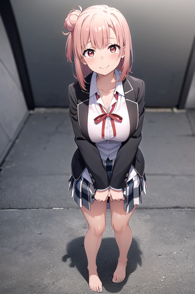 masterpiece, Highest quality, High resolution, ayui, short hair, Single hair bun, Red eyes, Small head, clavicle, Neck ribbon, White shirt, Dress shirt, blazer, Black jacket, Open jacket, Long sleeve, Checked skirt, smile, blush, Outdoor, White thighs, (Huge breasts), (Wide pelvis), (Are standing), (Very large_Lower Body:1.5), (Very thick_feet:1.5), (Fully exposed pussy 1.5), (Pussy in full view:1.5), (Breasts fully exposed 1.5), (Skirt flip:1.5), (スカート that rolls up:1.5), (feetをクロスさせる:1.5), (Looking up at the crotch from below_perspective:1.5), (Looking at the audience), (Cowboy Shot),From directly below