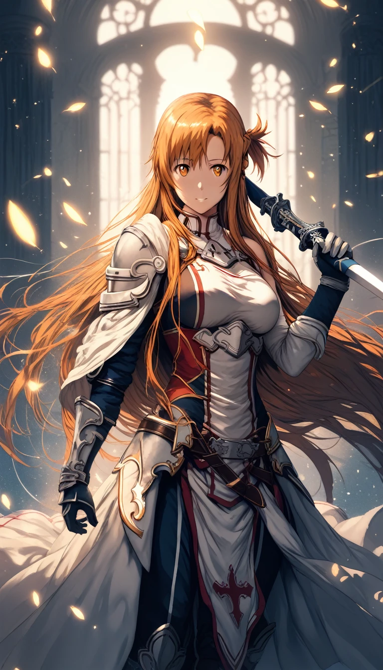 (hews art style:0.7), score_9, score_8_up, score_7_up, score_6_up, uncensored, asuna yuuki from sword art online, orange hair, long hair, orange eyes, fold, BREAK (masterpiece:1.2), best quality, high resolution,(detailed eyes:1.3), perfect lighting, (perfect hands, perfect anatomy), large breasts, holding, standing, weapon, female focus, sword, cape, holding weapon, armor, holding sword, shoulder armor, gauntlets, facing viewer, pauldrons, breastplate, planted, full armor, bokeh, backlighting, firefly, fireflies, hollow eyes, bright pupils, 