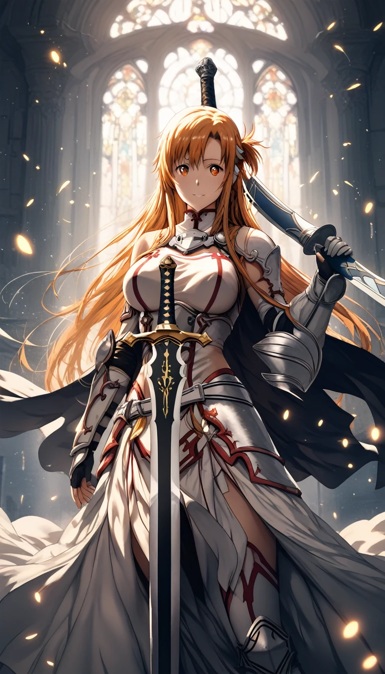 (hews art style:0.7), score_9, score_8_up, score_7_up, score_6_up, uncensored, asuna yuuki from sword art online, orange hair, long hair, orange eyes, fold, BREAK (masterpiece:1.2), best quality, high resolution,(detailed eyes:1.3), perfect lighting, (perfect hands, perfect anatomy), large breasts, holding, standing, weapon, female focus, sword, cape, holding weapon, armor, holding sword, shoulder armor, gauntlets, facing viewer, pauldrons, breastplate, planted, full armor, bokeh, backlighting, firefly, fireflies, hollow eyes, bright pupils, 