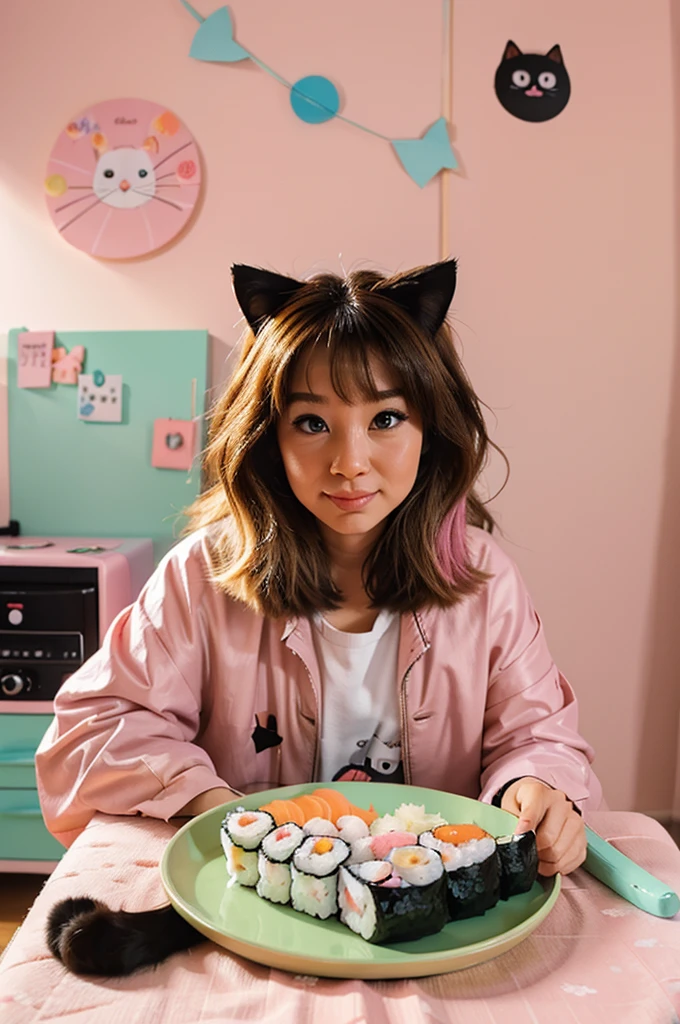 Candid photo of a fluffy cute cat, dressed in sushi suit, pastel print, sushi on the table, colorful room in the background, Pastel shades