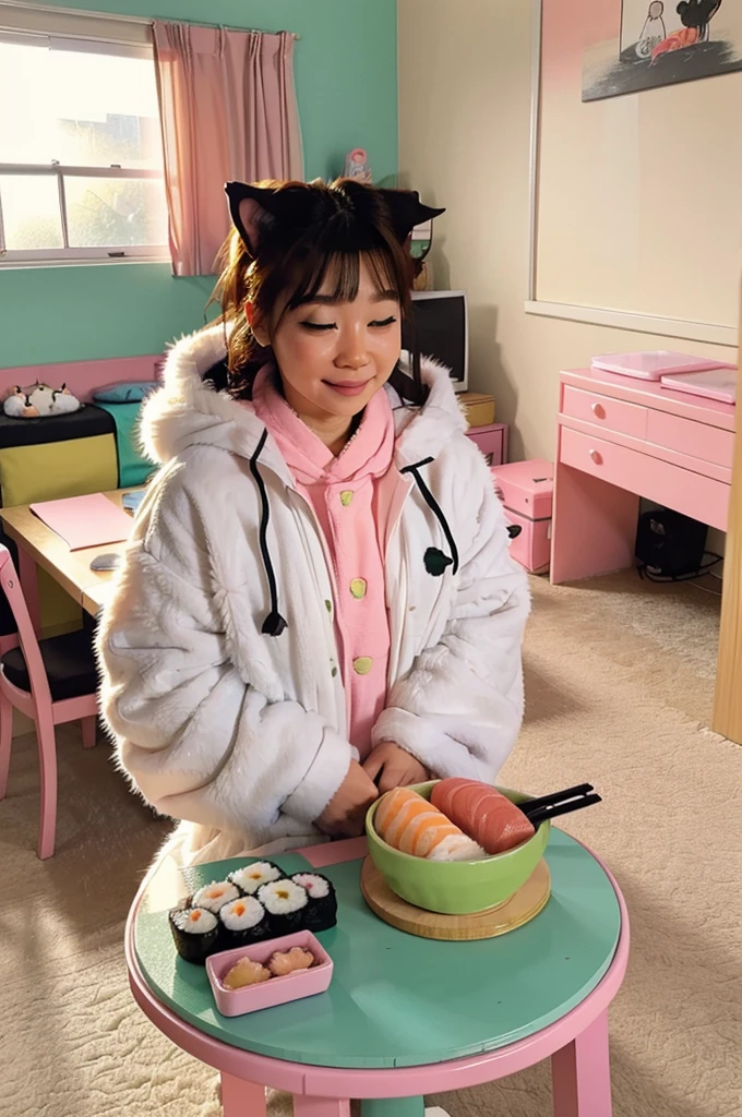 Candid photo of a fluffy cute cat, dressed in sushi suit, pastel print, sushi on the table, colorful room in the background, Pastel shades
