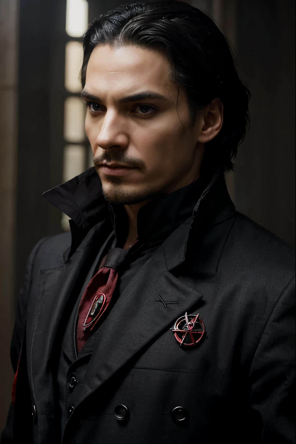 Elegant realistic man, with features inspired by Dr. Strange and Alucard de Hellsing, with a masonic or Egyptian symbol of a 'third eye" ,mystical and wise man,with black or white gothic clothes