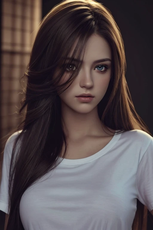 best qualityer, work of art, ultra high resolution, (photorrealistic:1.37), CRU photo, 1 girl, long hair, gorgeous eyes,  gorgeous face, detailed eyes and face, t - shirt, dynamic lighting, in dark, deep shadow, subtle, cowboy shot