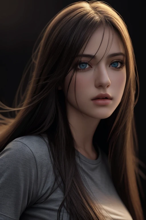 best qualityer, work of art, ultra high resolution, (photorrealistic:1.37), CRU photo, 1 girl, long hair, gorgeous eyes,  gorgeous face, detailed eyes and face, t - shirt, dynamic lighting, in dark, deep shadow, subtle, cowboy shot