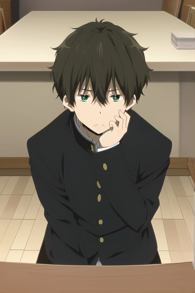 oreki houtarou, 1boy, male focus, solo, brown hair, green eyes, black hoodie, gakuran, looking at viewer, hand on own cheek, upper body, frown, closed mouth, sitting, elbows on table, school