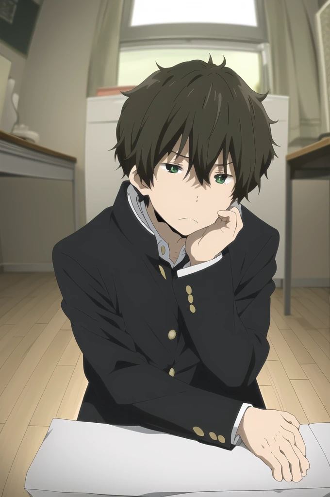 oreki houtarou, 1boy, male focus, solo, brown hair, green eyes, black hoodie, gakuran, looking at viewer, hand on own cheek, upper body, frown, closed mouth, sitting, elbows on table, school